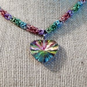 Pastel Chainmaille Necklace Crystal Heart Charm